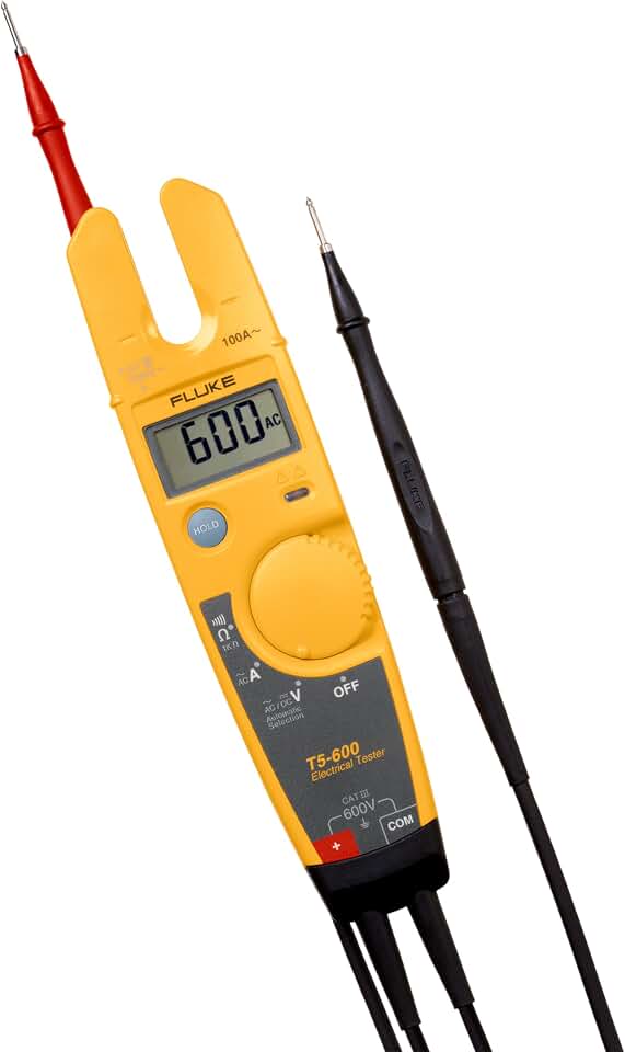 Fluke T5-600 Electrical Voltage, Continuity and Current Tester, Measures AC Current Up to 100 A Without Contact, Automatically Select AC/DC for Tests, Includes Detachable SlimReach Probe Tip