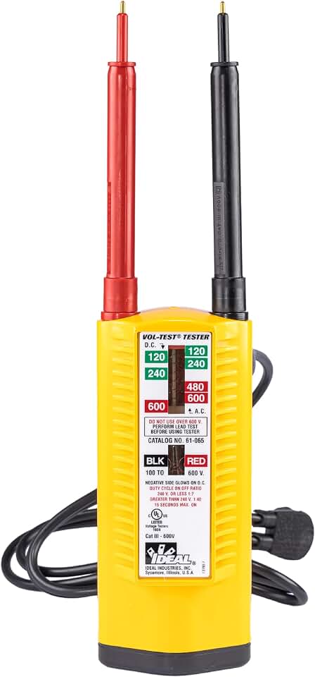 Ideal Electrical Vol-Test Voltage Tester, 61-065, CAT III 600V | Solenoid voltage tester checks AC/DC voltage to 600V on circuits &amp; panels. Compact CAT III design.