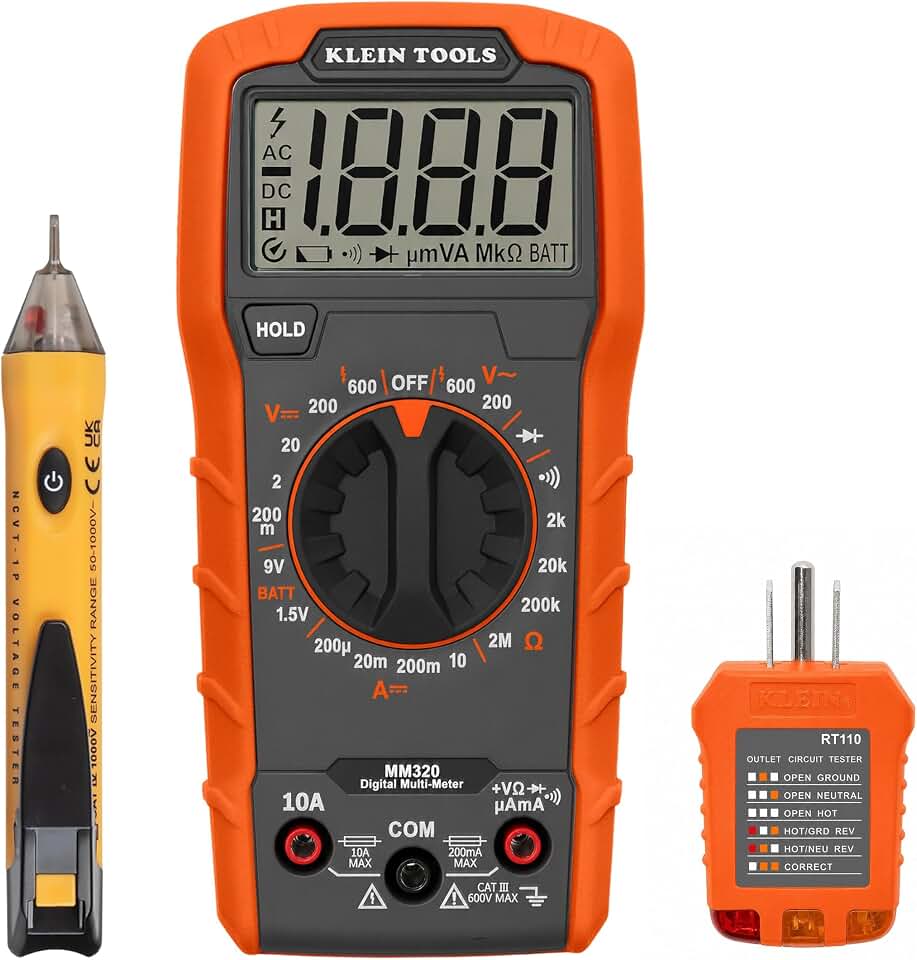 Klein Tools 69149P Electrical Test Kit with Digital Multimeter, Non-Contact Voltage Tester and Electrical Outlet Tester, Leads and Batteries