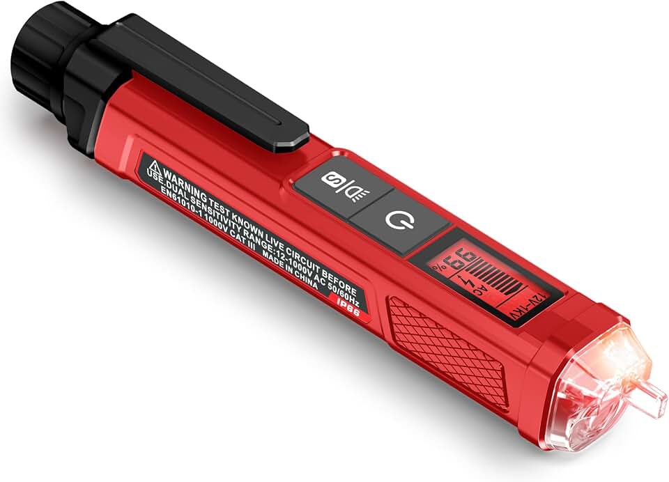 KAIWEETS Voltage Tester/Non-Contact Voltage Tester with Signal Percentage, Dual Range AC 12V/70V-1000V, Live/Null Wire Tester, Electrical Tester with LCD Display, Wire Breakpoint Finder (Full Red)