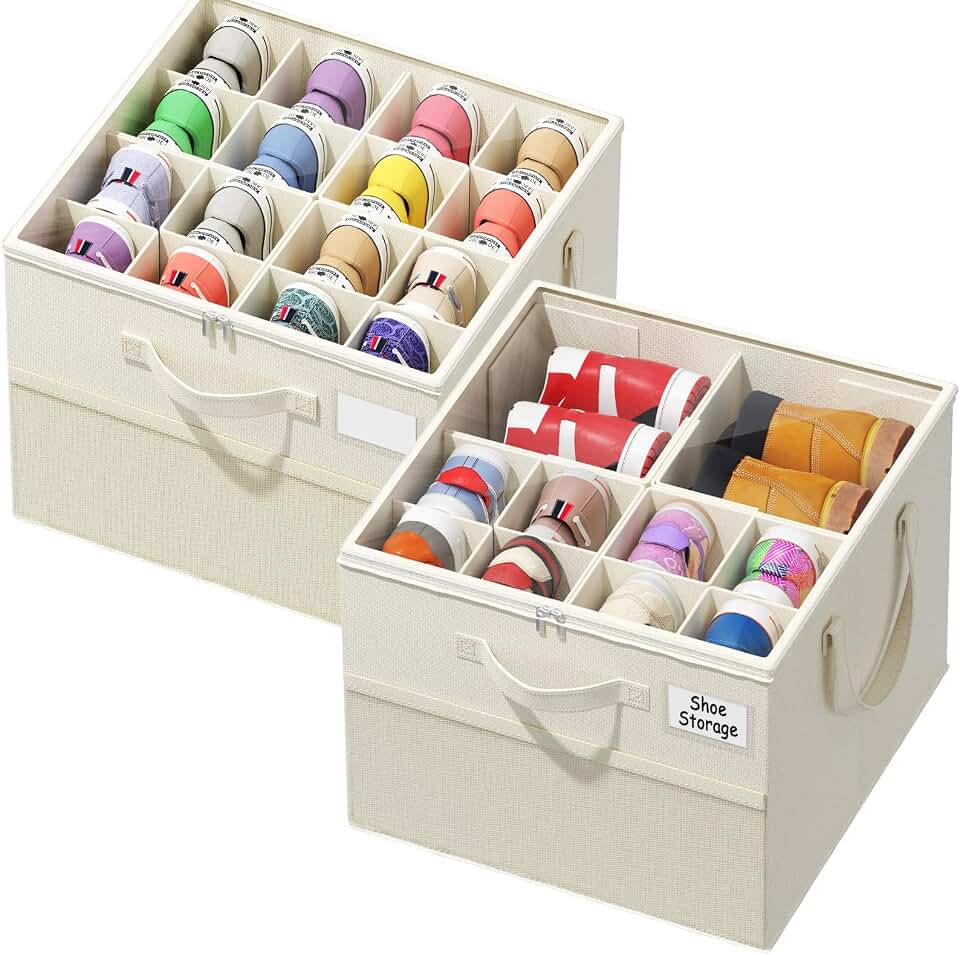 Plus Size 2 Pack Shoe Organizer for Closet, Foldable Shoe Storage Box | 16–24 Pair Shoe Storage for Sneakers, Boots &amp; Heels with Adjustable Dividers, Clear Cover &amp; Space Saving Closet Storage