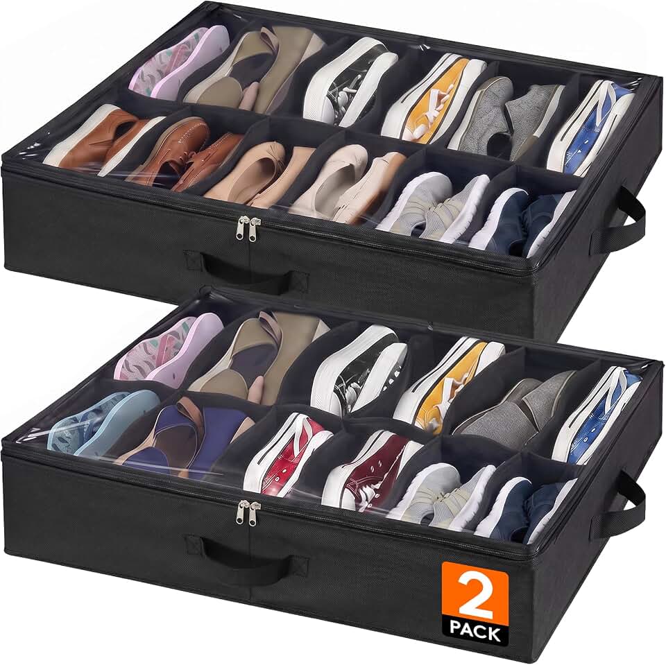 Lifewit Under Bed Shoe Storage Organizer 2 Pack(12 Shoes Cells), 4.3 Inches Profile Fabric Shoes Container Box with Clear Cover, Foldable Storage Bag with 2 Handles, Fits 12 to 24 Pairs Recycled Claim Standard 100