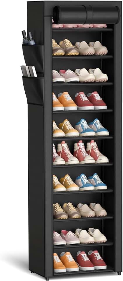 Kitsure 10-Tier Shoe Rack with Cover, Vertical Shelf, 17.5" Wide, Black | Space Saving Shoe Storage with Side Pocket, Shoe Organizer for Closet, Entryway, Bedroom, Zapateras Organizer Global Recycled Standard