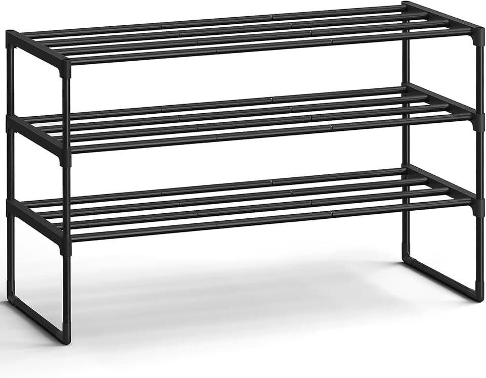 SONGMICS Shoe Rack, 3-Tier Shoe Organizer, Metal Storage Shelf | for Entryway, Upright or Upside Down, for 16-20 Pairs, Stackable, 11.8 x 36.2 x 21.7 Inches, Black ULSA303B02