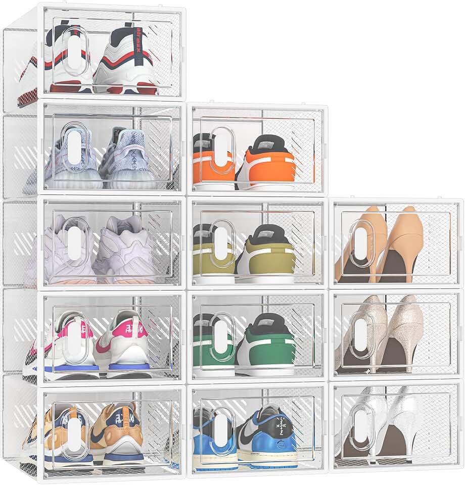 SIMPDIY Clear Shoe Storage Boxes, Stackable Shoe Organizer for Closet | 12 Pack, Magnetic Door, Aromatherapy Stick, for Size 10, Plastic, Shoe Rack for Closet, Entryways, Under-bed Storage