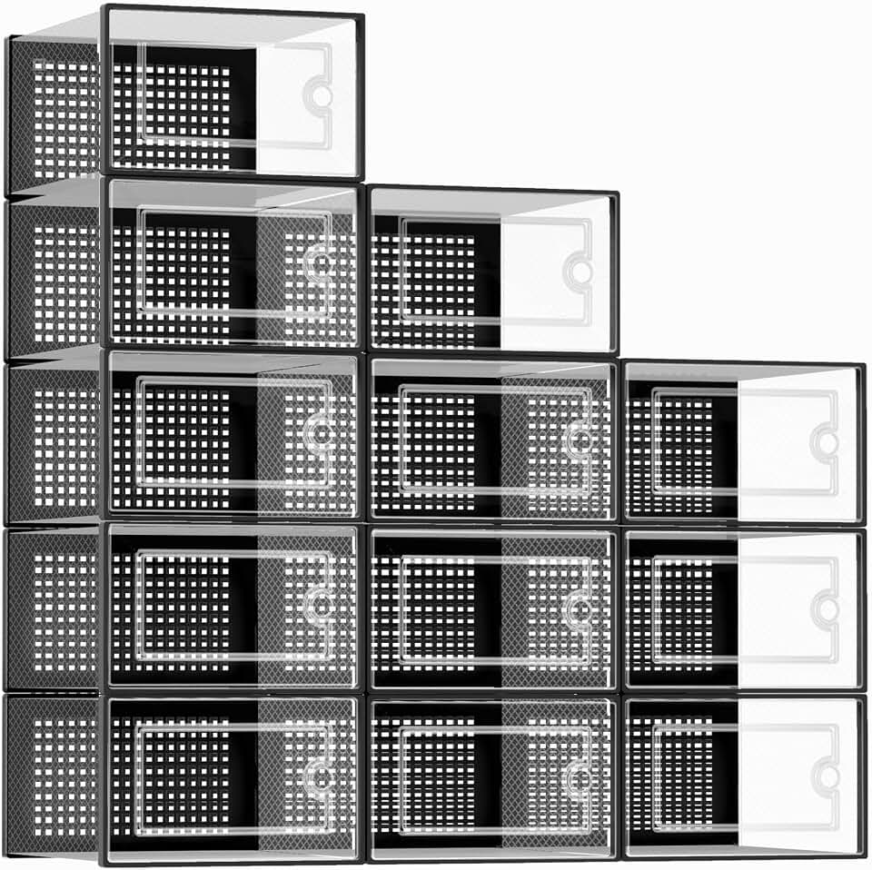 Kuject X-Large Shoe Storage Boxes 12 Pack, Clear Stackable Shoe Organizer | Shoe Case for Closet, Entryway &amp; Under-Bed Storage, Drop-Front Design, Space-Saving Solution for Family Organization,Black
