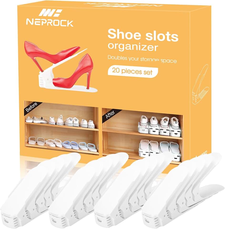 Neprock Shoe Slots Organizer, 20 Pack Adjustable Shoe Rack Stacker Storage Space Saver, Double Deck Shoe Rack Holder for Closet Organization (White) Global Recycled Standard