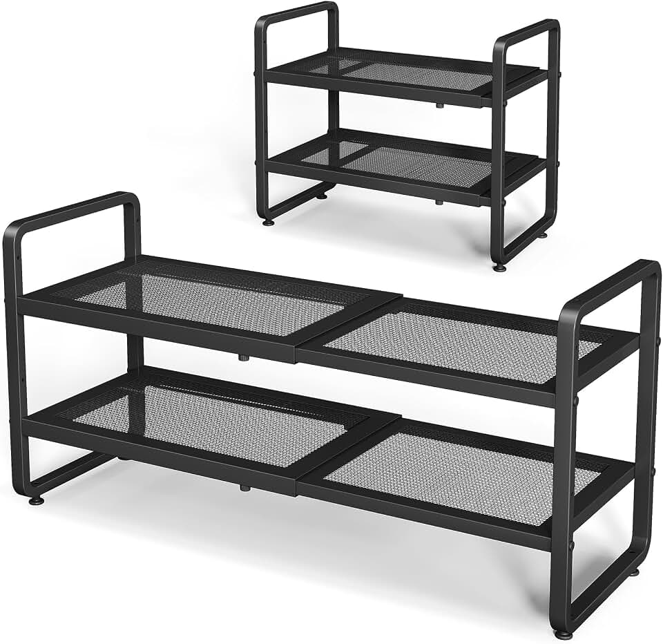 Expandable Metal Shoe Rack for Closet, Entryway &amp; Garage, 2-Tier, Black | Adjustable Height for Boots, Stackable Design, Dense Mesh Shelves for Heels, Fits Small Spaces, Apartments and Rentals