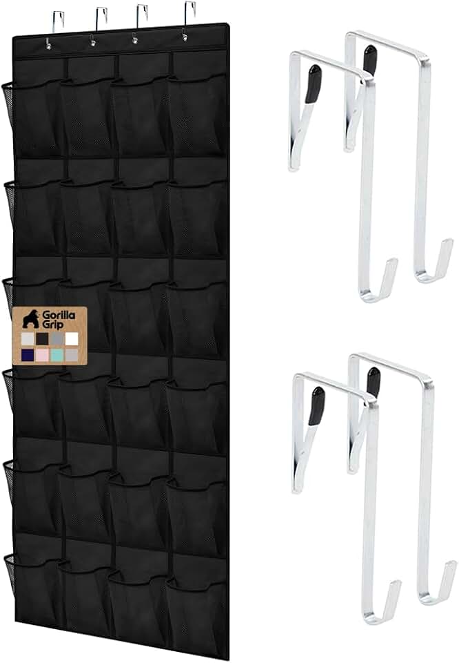 GORILLA GRIP Over the Door Shoe Organizer, 24 Large Pockets, Black | Breathable Mesh Pocket, Space Saving Hanging Storage Holder, Closet Rack Hanger for Shoes, Pantry and Bathroom Accessories
