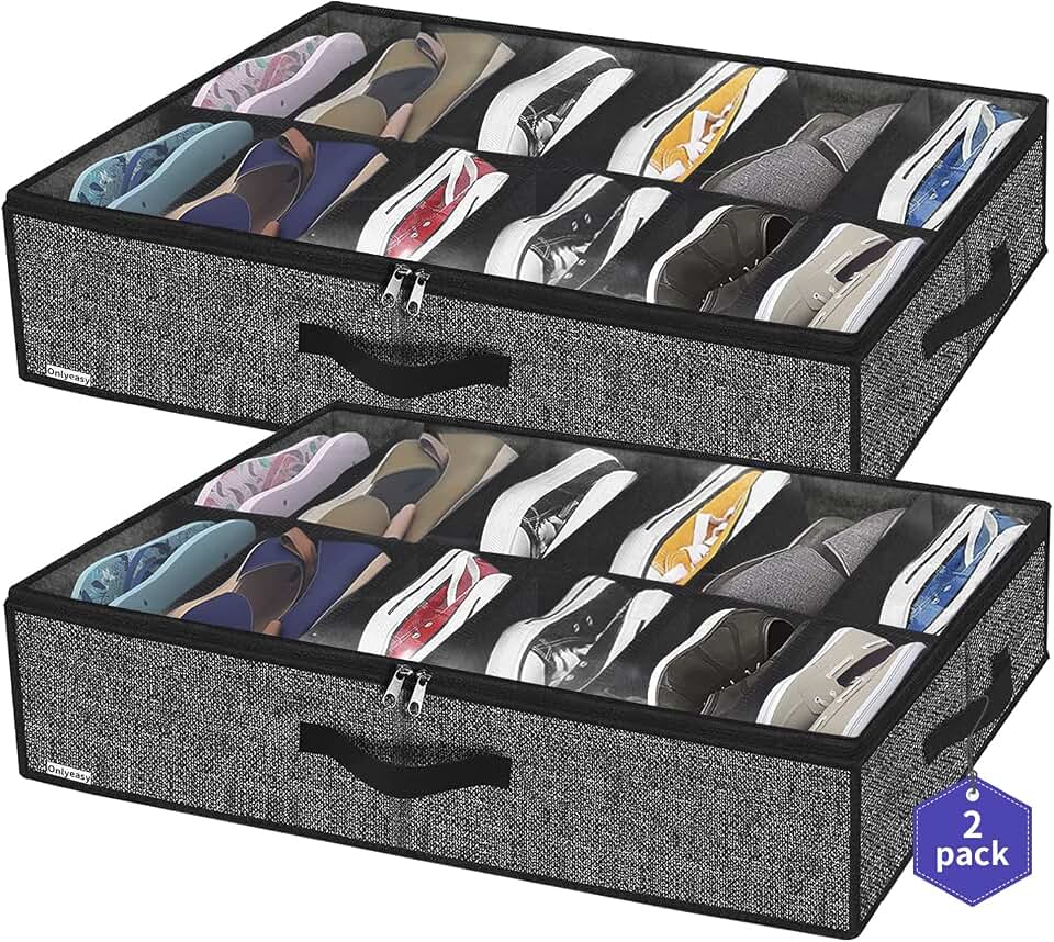 Onlyeasy Sturdy Under Bed Shoe Storage Organizer, Set of 2, Fit 12 to 24 Pairs, Underbed Shoes Closet Storage Solution with Clear Window, Breathable, L29.3 x W23.6 x H5.9, Linen-like Black, MXAUBSB2P