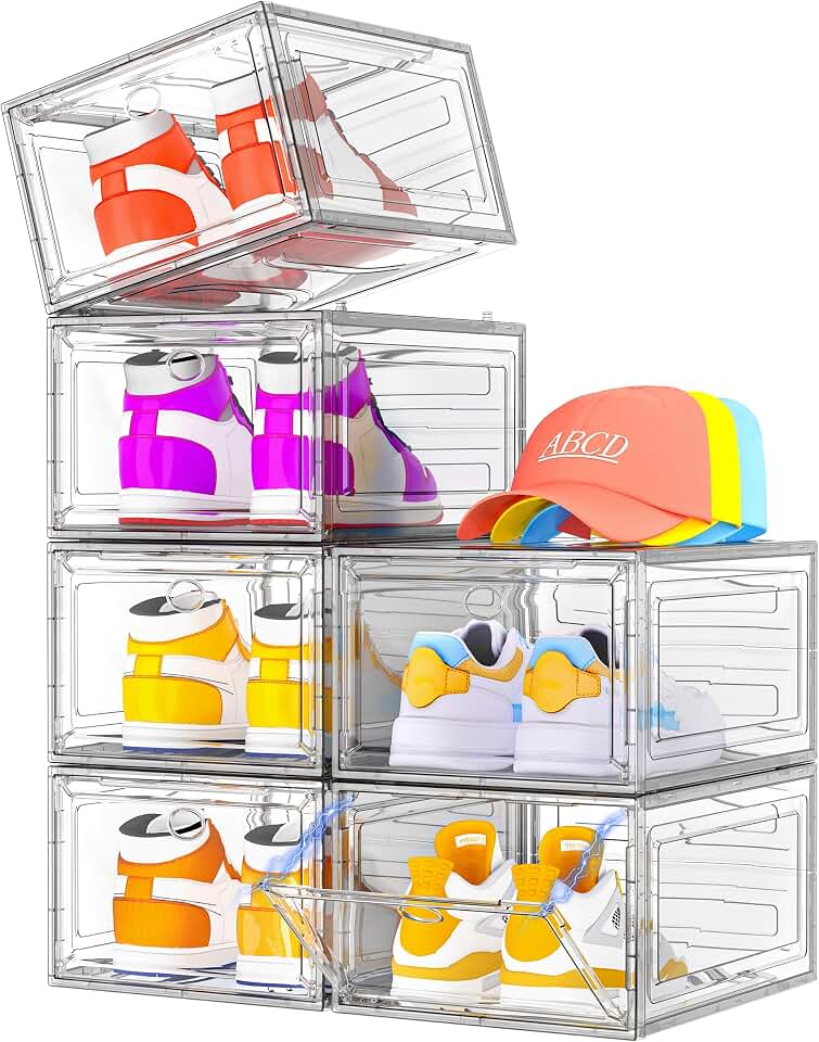 Sturdy Clear Shoe Organizer with Magnetic Door, Stackable Shoe Storage Box | Thick Plastic Shoe Storage for Sneakers &amp; Boots, Collapsible Closet Shoe Rack and Clear Shoe Box, 6 Pack White