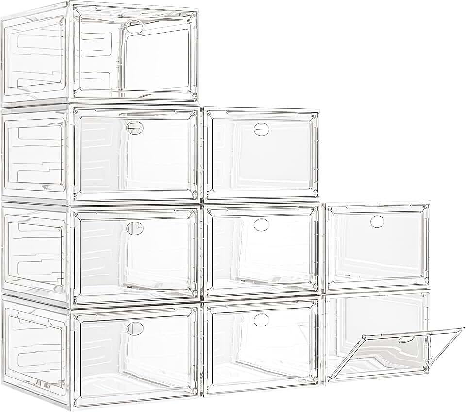 Large Thick Clear Shoe Organizer, Magnetic Door Stackable Shoe Storage Box | Foldable Shoe Storage Boxes for Sneakers &amp; Boots, Space-Saving Closet Shoe Cabinet with Clear Magnetic Door, 9 Pack White