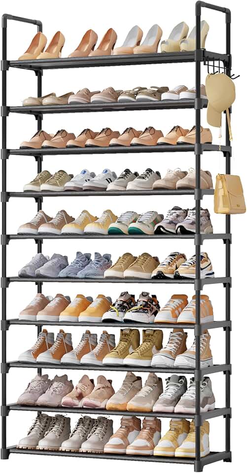 Kitsure 10 Tier Shoe Rack, Tall Shoe Organizer, 32.2" Wide, Black | Large-Capacity Shoe Storage with Hooks, Shoe Shelf for Closet, Entryway, Bedroom, Living Room, Zapateras Organizer Global Recycled Standard