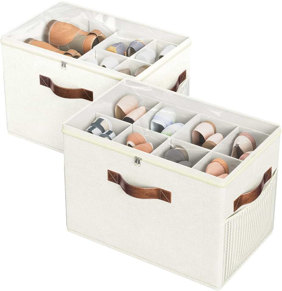 2 Pack Shoe Organizer for Closet, Foldable Shoe Storage with Adjustable | Farbic shoe storage organizer box bin with clear cover, fits up to 16 pairs, shoe storage box for closet, entryway, beige