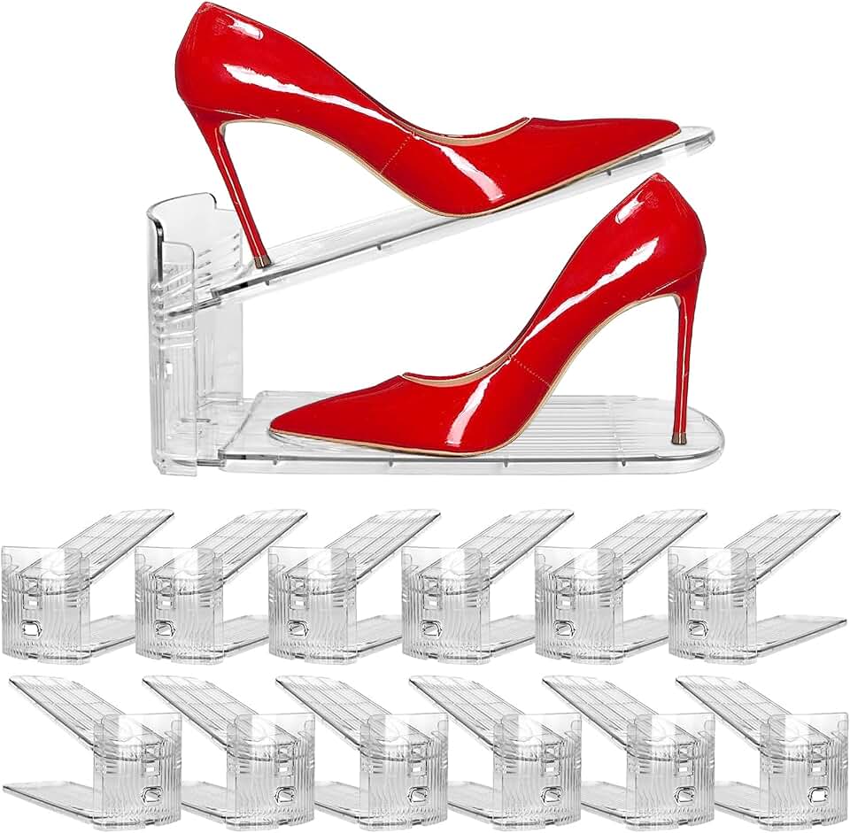 NVGSN 12Pack Clear Shoe Slot Organizer,Shoe Stacker,Storage Space Saver 50% | 3 Levels Adjustable Height 3.7''-7.7''shoe Organizer for Closet,Easy to Assemble shoe Rack Holder,Organizador de Zapatos Global Recycled Standard