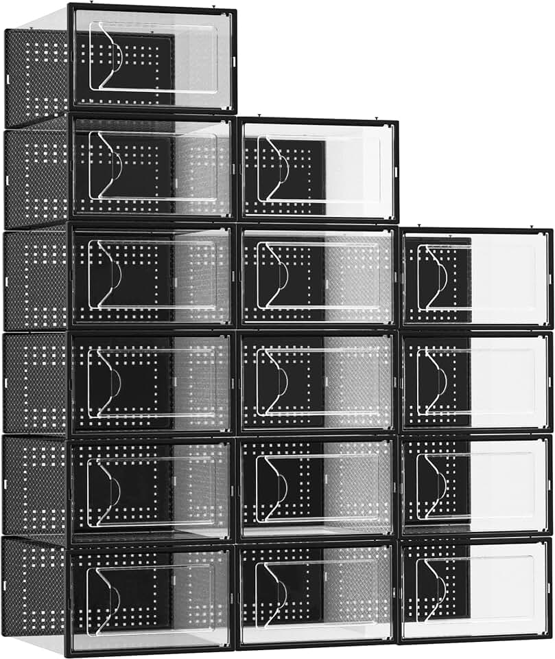 Foluck 15 Pack Shoe Storage Organizer Box Container Clear Plastic Stackable | Interlocking Design, Sturdy Dustproof Breathable, Fits Men's Size 9 Women's Size 10, for Closet Entryway Under Bed