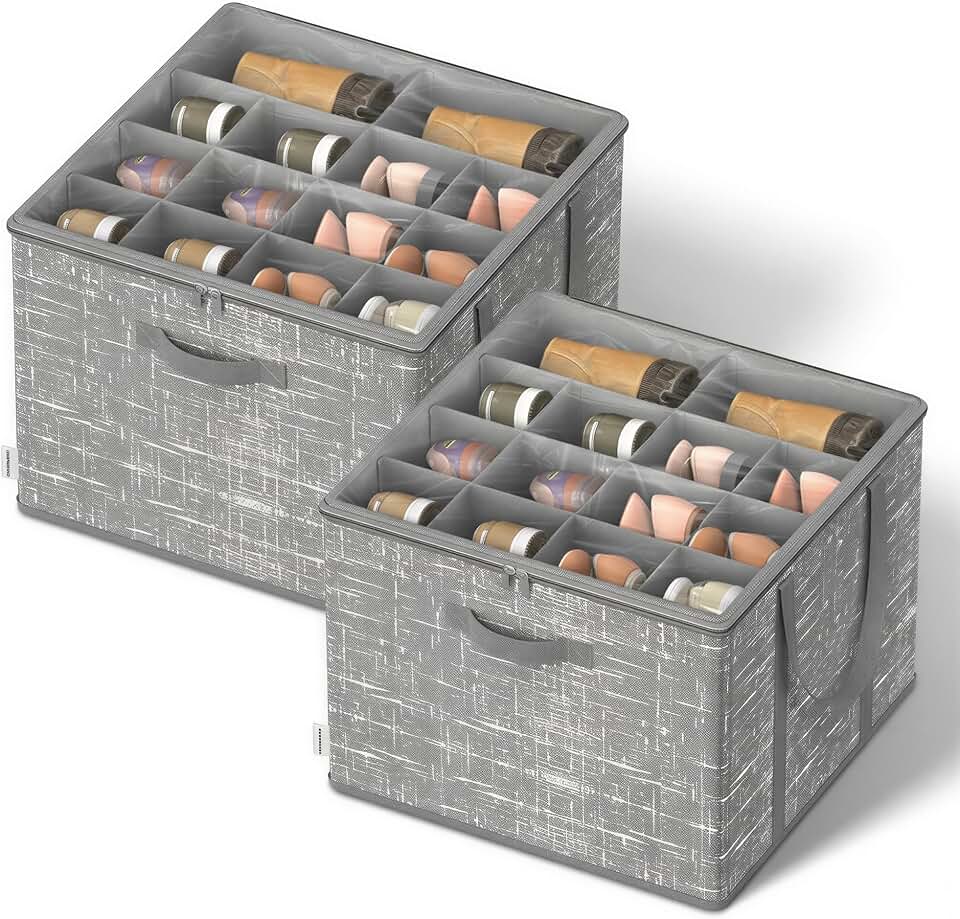 SONGMICS Shoe Organizer for Closet, 2 Pack Fabric Bins, Fits up to 32 Pairs | Shoe Storage Box with Clear Lid, Storage Compartments with Reinforced Handles, Dove Gray, TINA Collection ULSP602G01