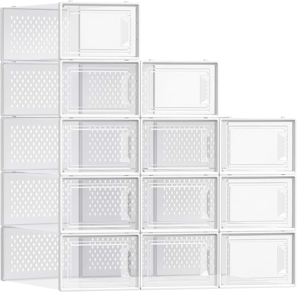 SONGMICS Shoe Boxes, Clear Plastic Sneaker Box, Pack of 12 | Stackable Shoe Storage Organizers, for Closet, 13.1 x 9.1 x 5.6 Inches, Transparent and White, DENNYS Collection ULSP12SWT Global Recycled Standard