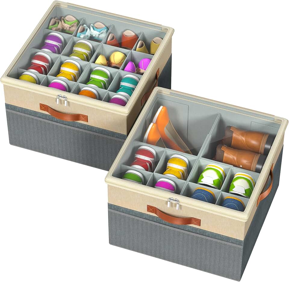 Shoe Organizer for Closet, 2 Pack Foldable Shoe Storage Organizer Box Bin with Adjustable Dividers and Clear Cover, Fits up to 16-32 Pairs（Grey&amp;Beige）