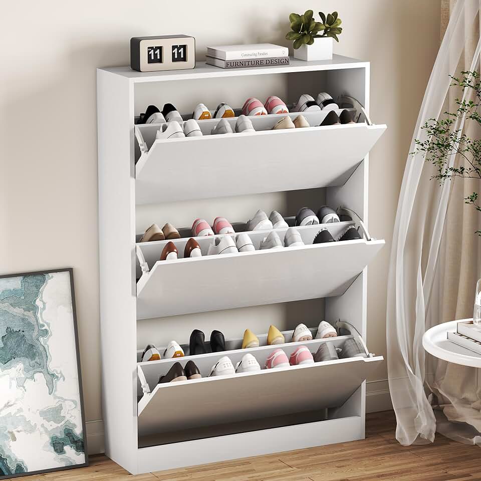 BORNOON Shoe Cabinet with 3 Flip Drawers, Hidden Wood Shoe Cabinet,Freestanding Shoe Storage Cabinet for Entryway Hallway.White. 47.2" H*31.5" W*9.45" D. The Forest Stewardship Council