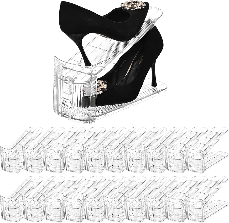 Shoe Slots Organizer，20 Pack Clear Shoe Stackers for a Pair of Shoes,Adjustable Shoe Rack with Three Levels，Shoe Storage Shoe Space Saver