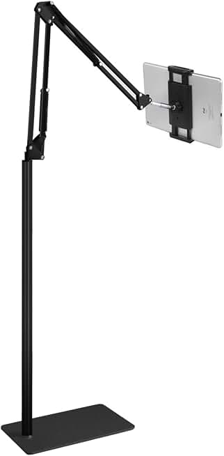 Tablet Floor Stand with 5LB Metal Base, Overhead Bed Phone Stand Angle Height Adjustable Holder, Universal Floor Stand Compatible with iPhone iPad Pro Air Mini, Samsung Tab, Kindle, E-Readers… Global Recycled Standard
