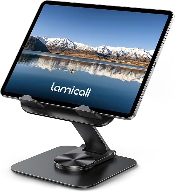 Lamicall Adjustable iPad Stand for Desk, Ultra-Slim Foldable, 360° Rotation | 360° Rotation Base Heavy-Duty Tablet Holder Stand for 4.7-13" iPad Pro Air Mini E-Reader Kindle Tabs Switch Stand Global Recycled Standard