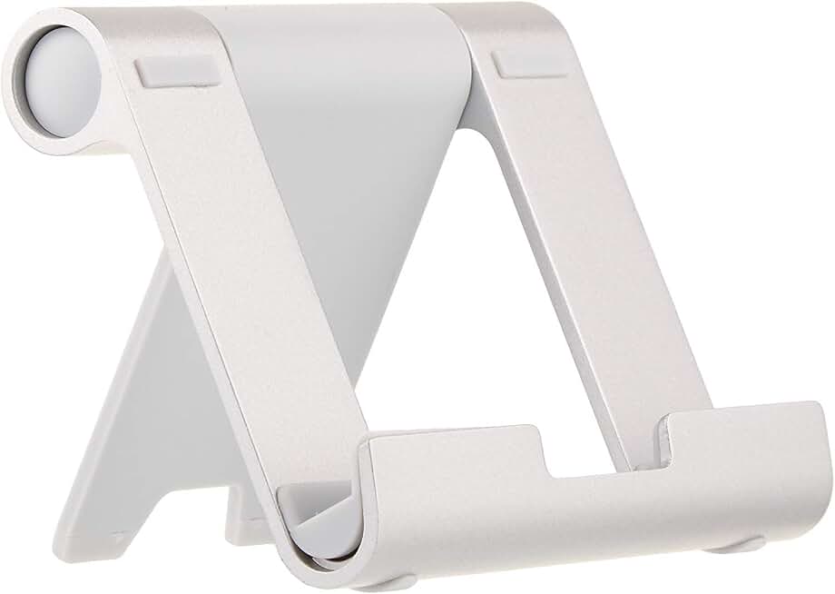 Amazon Basics Multi-Angle Portable Foldable Stand for Tablets, E-Readers and Phones, Non-Slip Desktop Holder for iPads, iPhones, Kindles, Hands-Free Viewing - Silver