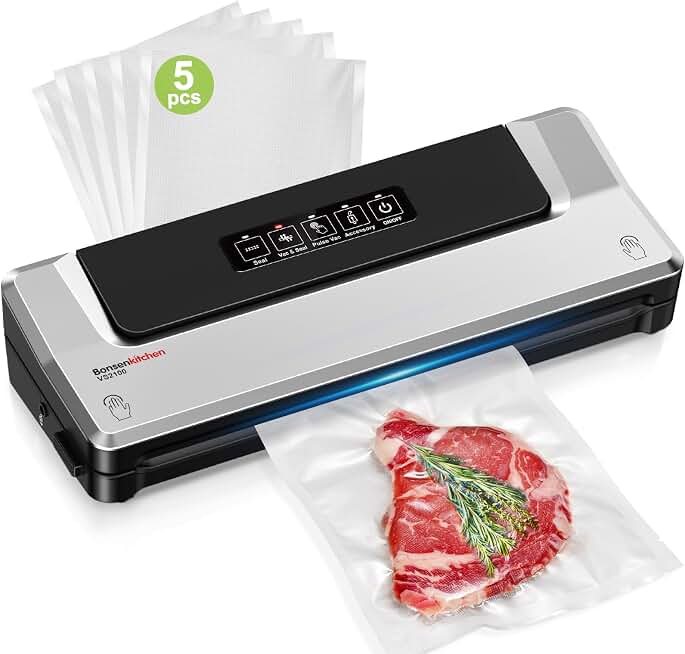 Bonsenkitchen Vacuum Sealer Machine, Multiple Modes For Meal Prep,Silver | Compact Vacuum Sealer for Kitchen Storage &amp; Sous-Vide,External Vacuum System,6x Longer Freshness,5 Vacuum Bags