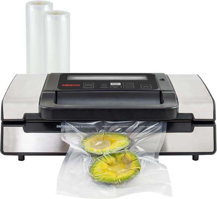 Nesco Deluxe Food VS-12 Vacuum Sealer, 130 Watts, Kit Bags &amp; Viewing Lid, Compact, Silver