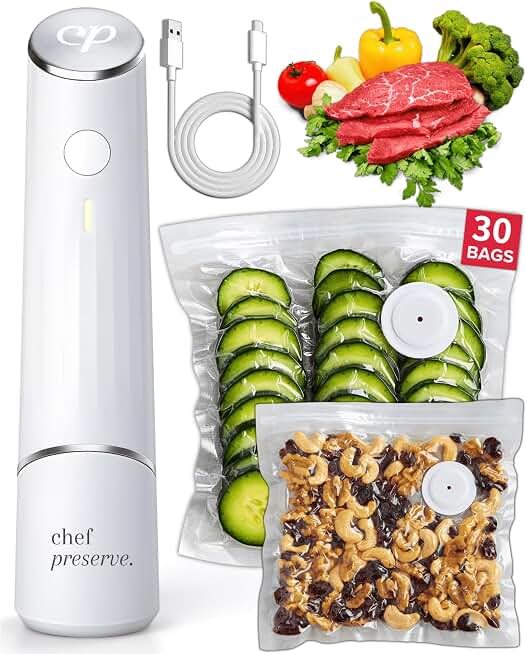 Chef Preserve Compact Vacuum Sealer for Food (Vacuum Sealer Machine + 30 Reusable Vacuum Bags) Powerful Handheld Vacuum Sealer Machine, Seal Meal Saver, Portable Food Sealer