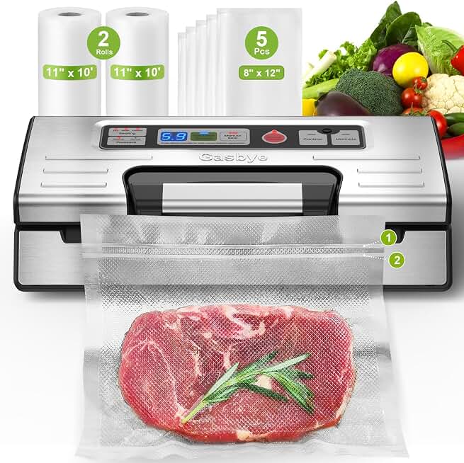 Gasbye 95kPa Precision Vacuum Sealer Machine, Double Heat Seal for Dry/Moist Food, Easy-Lock Handle, Built-in Bag Storage &amp; Cutter, Progress Display, Pulse Mode, Removable Drip Tray, Silver