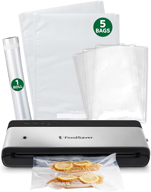FoodSaver PowerVac Compact Vacuum Sealing Machine Stainless Steel &amp; Black Vertical Storage VS0150 | Preserves freshness reduces bag waste for both dry and wet food