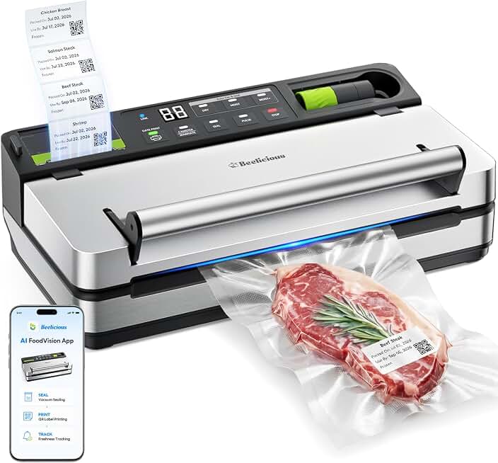 98kPa Vacuum Sealer with FoodTrace Label Printing &amp; Food Management App, Dual-Pump Food Sealer with Double Heat Seal, Extra Moist Mode for Meal Prep, Sous Vide &amp; Freezer Storage, VSP801, Silver