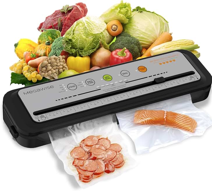 Updated Vacuum Sealer Machine 2025, MEGAWISE Food Sealer w/Starter Kit, Dry &amp; Moist Food Modes, Compact Design with 10 Vacuum Bags &amp; Built-in Cutter (Grey) Global Recycled Standard