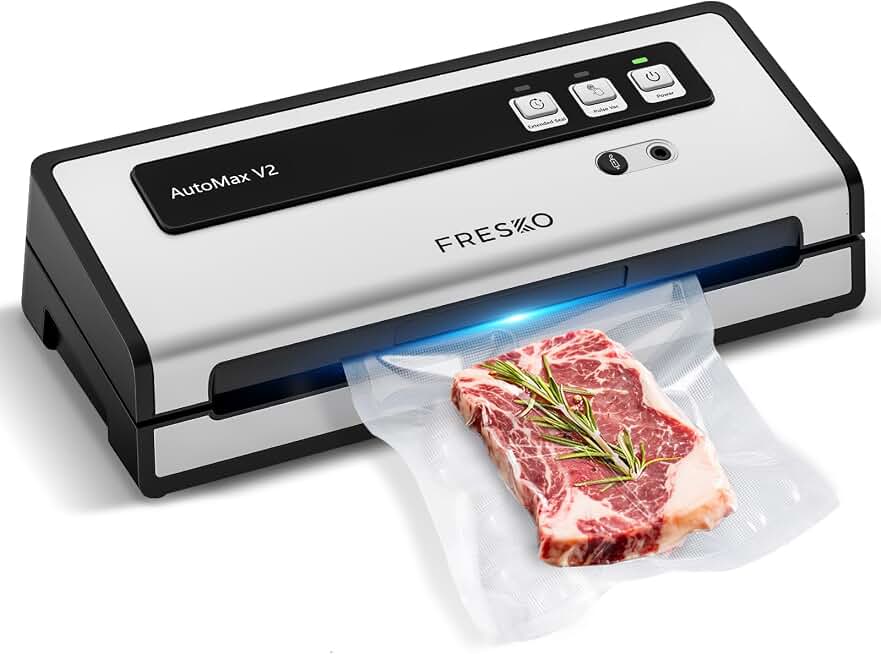 FRESKO Vacuum Sealer Machine with Automatic Bag Detection, Compact Design | 0.2-inch Widened Heating Strip, Food Vacuum Sealer for Dry &amp; Moist Food Storage, Suitable for Sous Vide, 10 Pre-Cut Bags