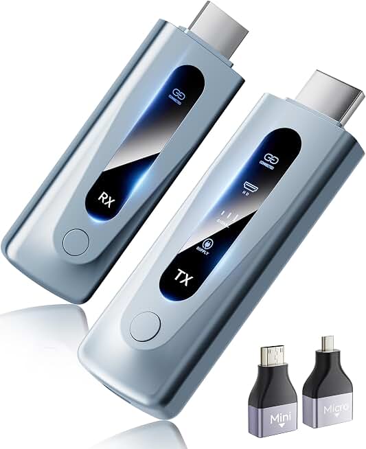 Wireless HDMI Transmitter and Receiver 400FT/120M Extender, Plug&amp;Play 5.8G+2.4G for 4K Decode 1080P Video Output with LED Display, for Audio to Monitor from PC/Projector/TV Box (Light Blue)
