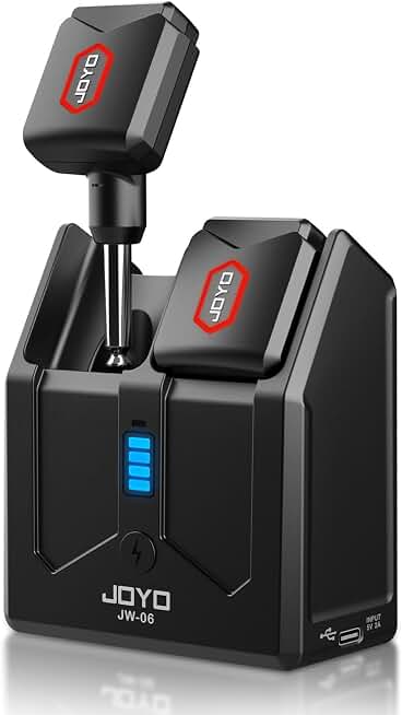 JOYO 5.8GHz Wireless Guitar System Transmitter and Receiver with Charging Case, 18H Battery life, 48kHz/24Bit, Low Latency, 4 Channels, Plug &amp; Play for Electric Guitar &amp; Bass (JW-06)