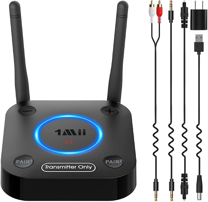 1Mii B06TX Bluetooth 5.3 Transmitter for TV to 2 Wireless Headphone/Speaker | aptX Low Latency/HD, Bluetooth Adapter for TV w/Volume Control, Optical/Coaxial/AUX/RCA Audio Inputs, Plug n Play Global Recycled Standard