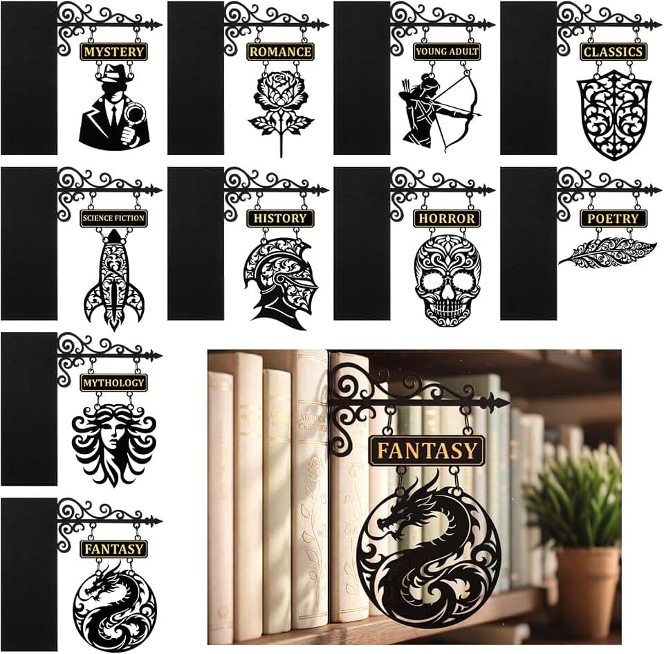 Yalikop 10 Set Book Shelf Dividers Decor, Hanging Shelf Sign with Brackets | Black Retro Style, Book Genre Labels for Bookshelf, Book Tavern Signs, Genre Shelf Dividers, Home Library Organization