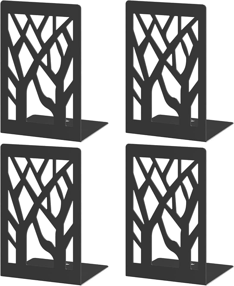 VFINE 4-Piece Modern Metal Bookends for Shelves, Black Tree Book Ends for Books, Decorative Book Organizer for Desk, Non-Skid Shelve Bookends for Home Office