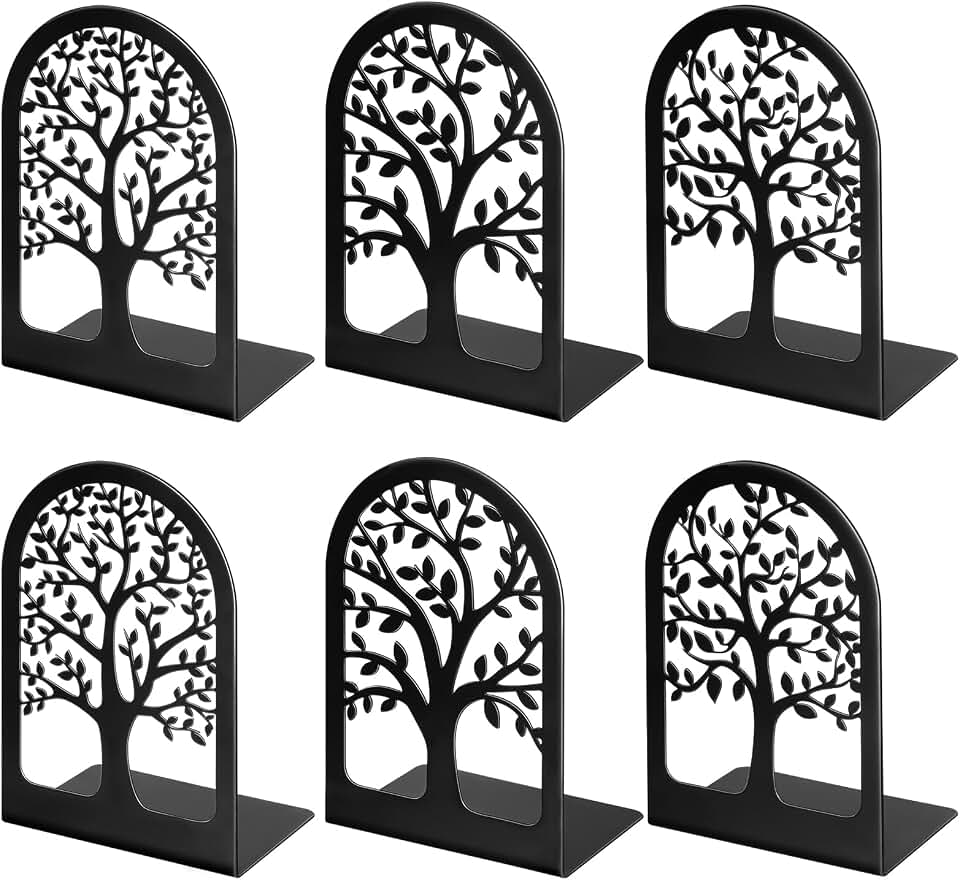 HappyHapi 3 Pair Book Ends, Metal Bookends for Shelves, Decorative Bookends | Decorative Book Holder for Shelf, Tree Stopper for Heavy Books, Black Book Ends for Home Office, 6.5 X 4.7 X 3.5 Inch