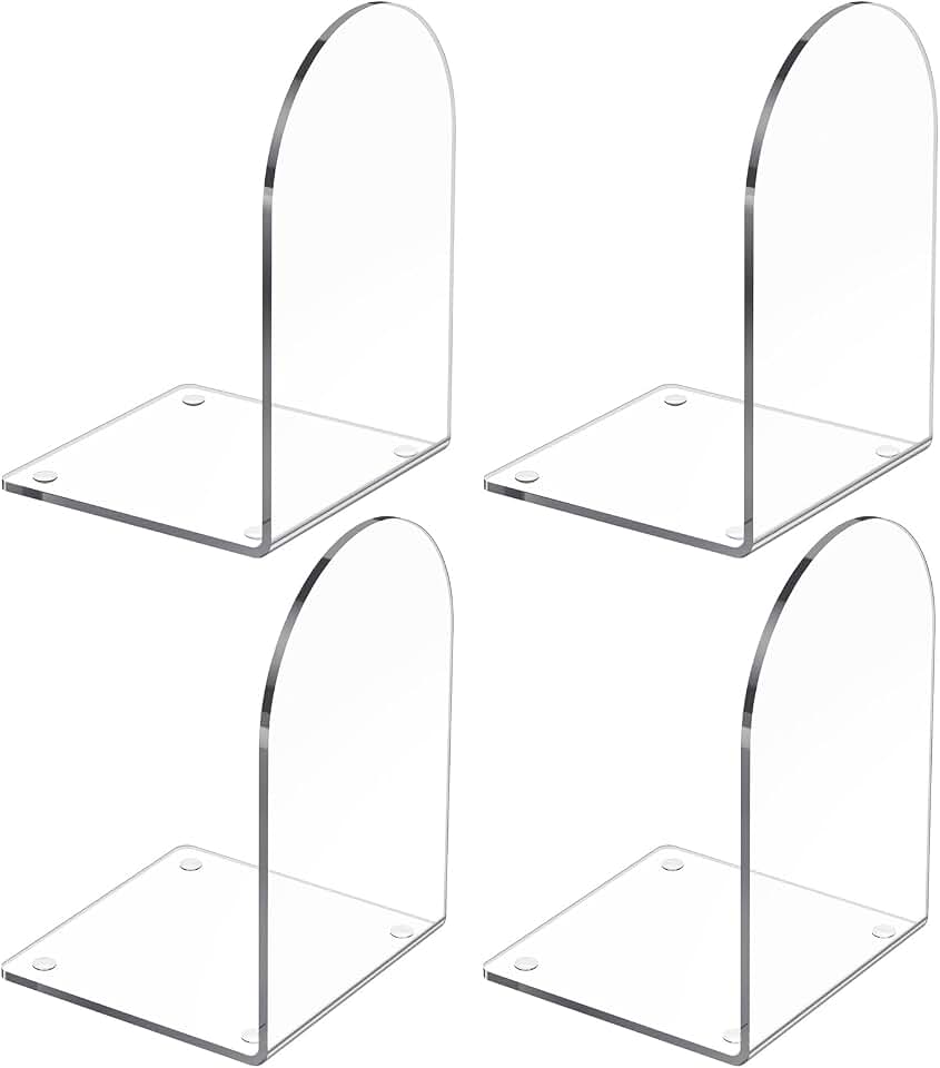 4 Pcs Acrylic Bookends, Clear Book Ends for Heavy Books | Bookend Holders for Shelves, Arch Book Stopper to Hold Books, Decorative Bookends for School, Library, Home, Office