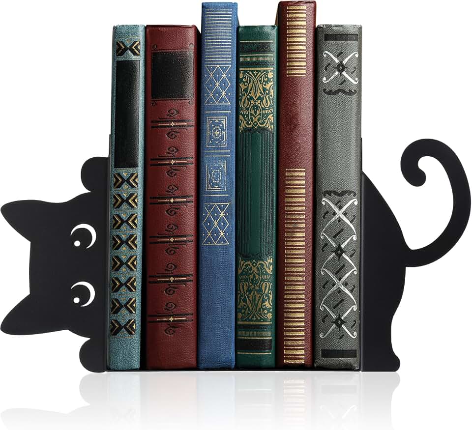 Geelin Cat Bookends Set of 2, Metal Book Ends for Shelves Office Desk | Peeping Kitty Silhouette Design, Cute Decorative Home Office Desk, Gift to Reading Enthusiasts and Feline Lovers