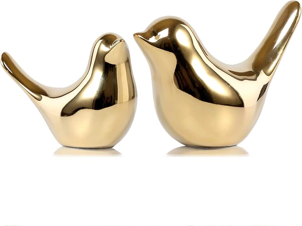 FANTESTICRYAN Small Birds Statues Home Decor, Modern Style, Gold, M&amp;L | Ceramic Animal Figurines, Set of 2 Decorative Ornaments, For Living Room, Bedroom, Office Desktop, Cabinets, Coffee Bar