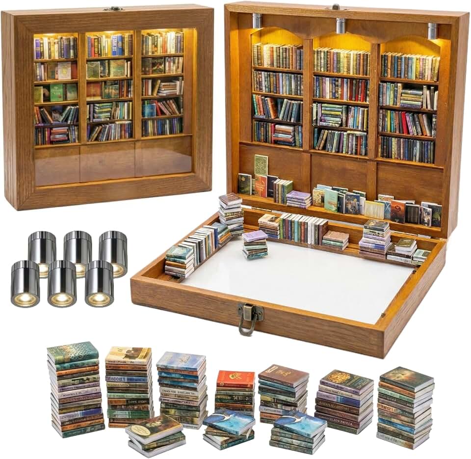 Anxiety Bookshelf with 6 Decorative Mini Lights and 400 Mini Book Pieces, Miniature Bookshelf, Book Organizer for Office Desk, Library Decor for Tiny Home and Bookish Spaces, 10.2 x 9.1 x 3.1 in