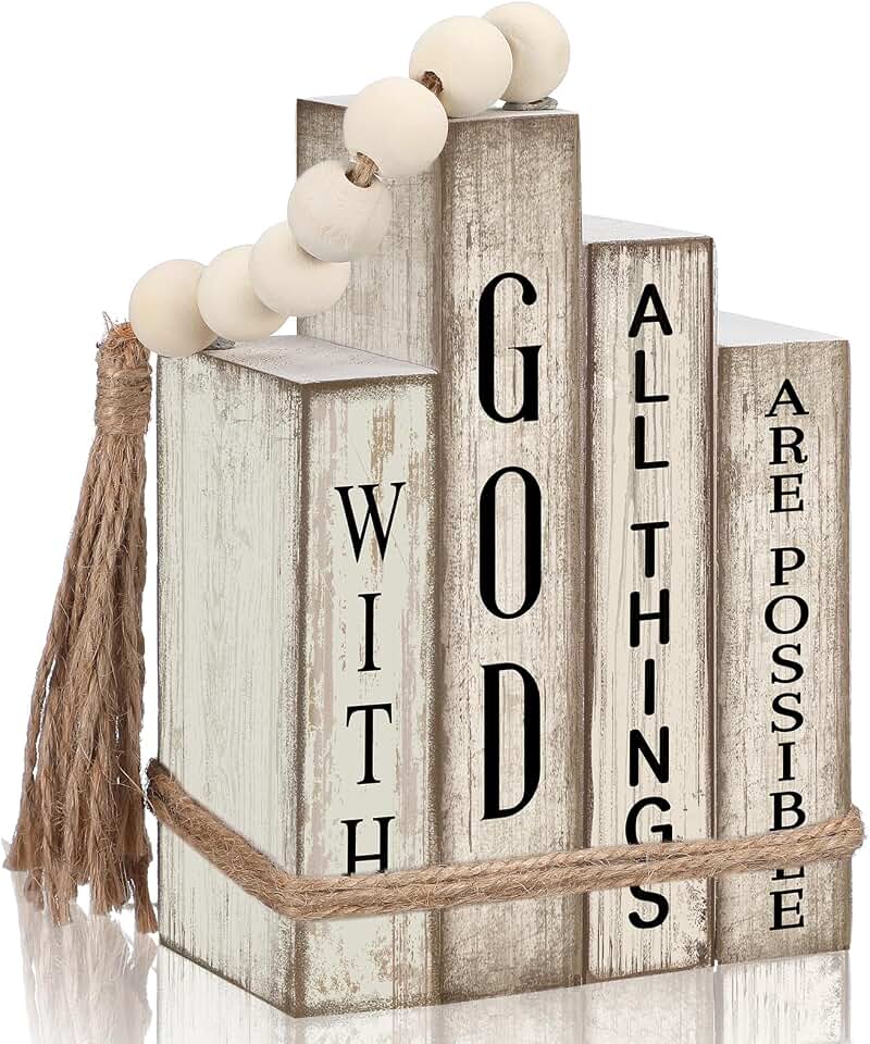 Lineshading 4 Pcs Christian Table Decor Wooden Book God All Things Possible | Christian Home Decorations, Rustic Farmhouse Wood Book Sign with Beaded Garland Tassel, for Home Shelf Coffee Table