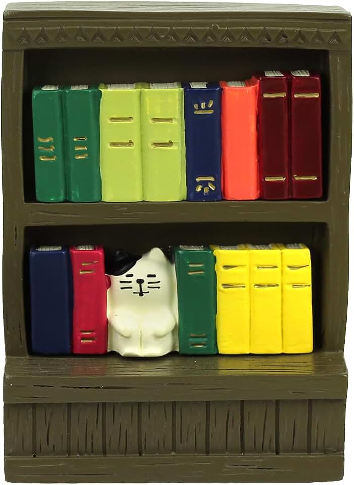 RAQWI Cute Mini Cat Bookshelf Statue, Tiny Bookcase Ornament for Living Room, Bedroom, Office Shelf Decor, Adorable Gift for Cat Moms, Readers, Miniature Collectors