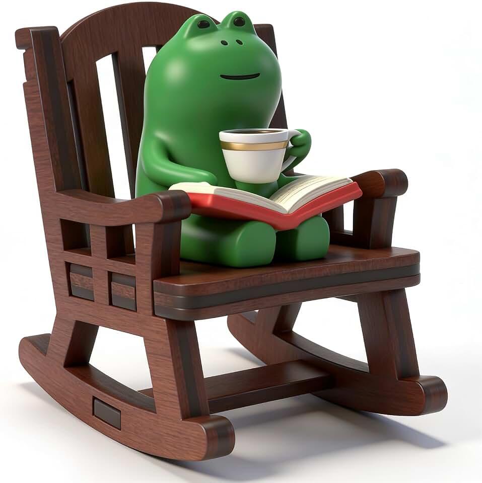 Mini Resin Frog with Wooden Rocking Chair, Cute Desk Accessories for Women, Office and Home Decor, Fun Frog Figurine for Desk, Shelf, or Garden Display