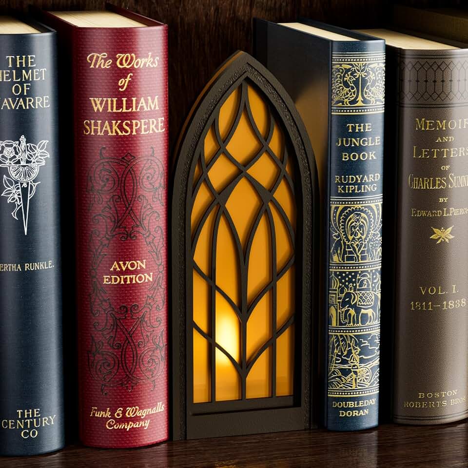 Solid Wood Fantasy Book Nook Shelf Insert - Handcrafted Bookends with Remote Control &amp; Timer, Magical Moroccan Bookshelf Decor Night Light, Unique Gifts for Book Lovers Readers